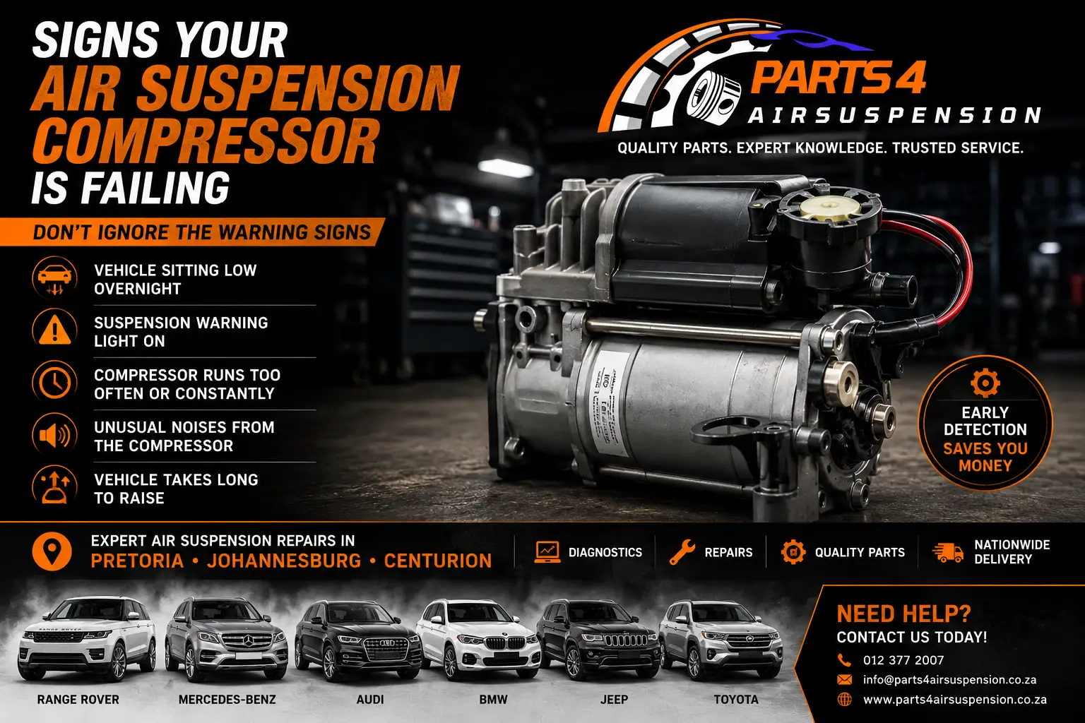 Air suspension compressor problems on luxury SUV with Parts 4 Air Suspension branding in Pretoria Johannesburg and Centurion