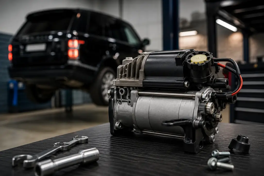 Air suspension compressor on workshop table with luxury SUV in background during diagnostic of air suspension compressor problems Pretoria