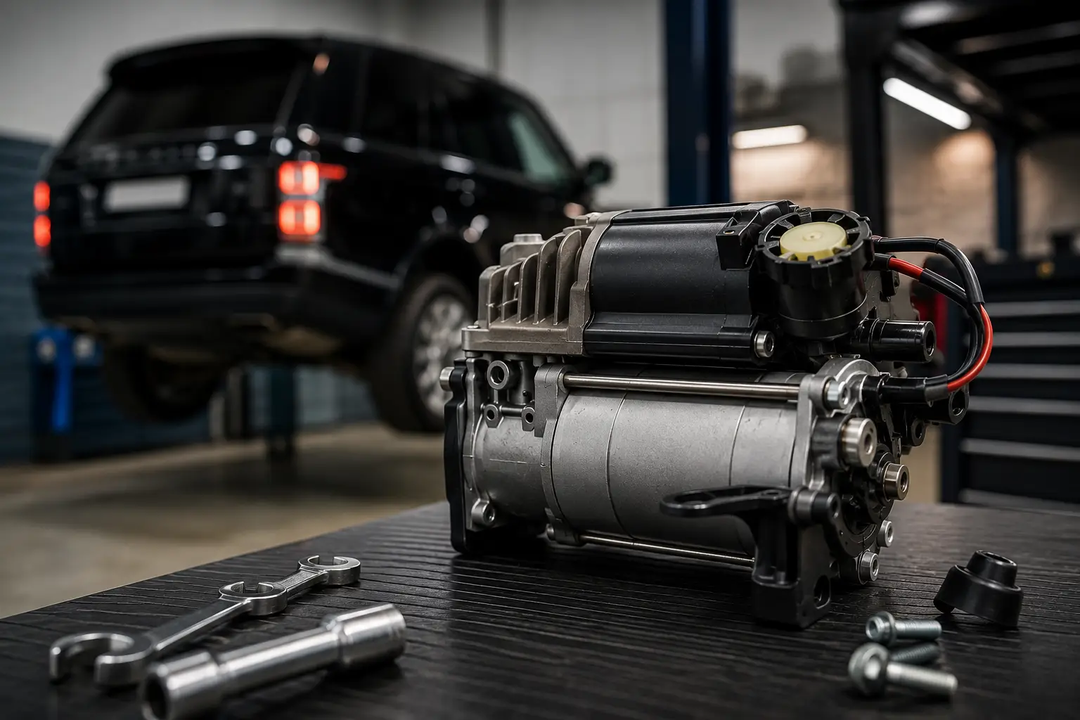 Air suspension compressor on workshop table with luxury SUV in background during diagnostic of air suspension compressor problems Pretoria