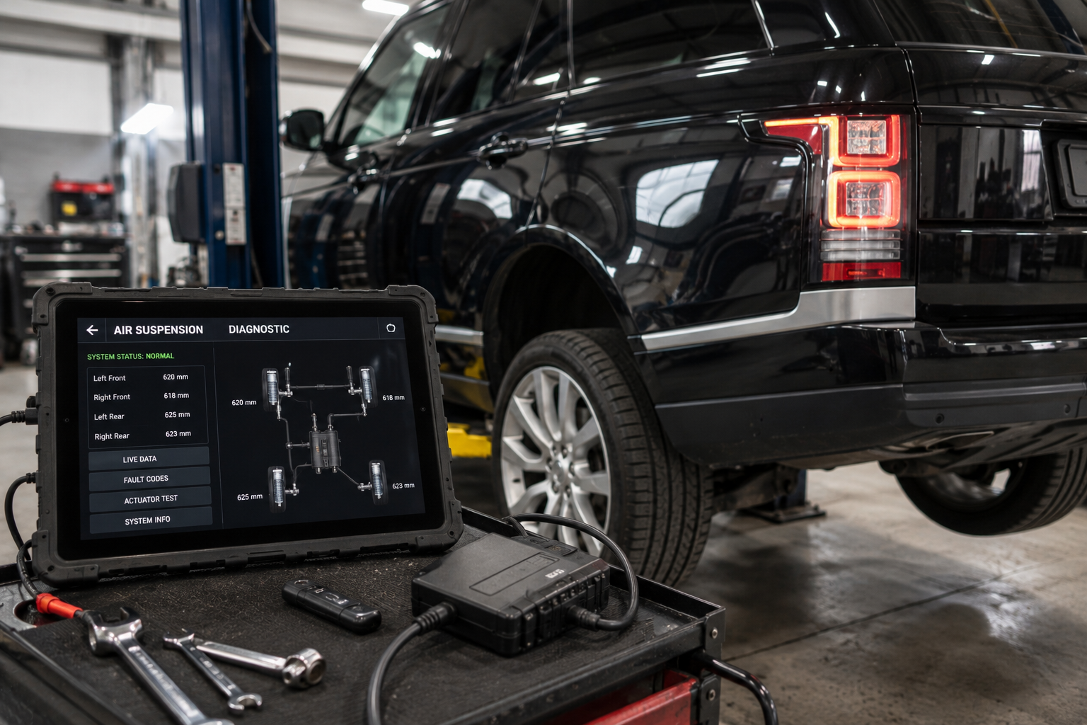 Air suspension diagnostic & repair being performed on a luxury SUV in a workshop