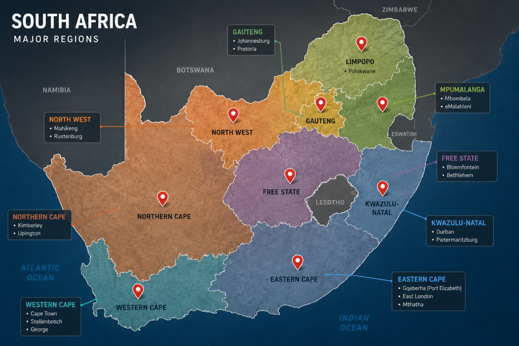 Map of South Africa showing major regions for air suspension parts for sale South Africa