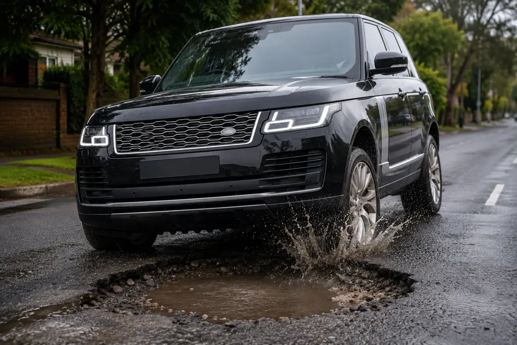 Luxury SUV with air suspension driving through a pothole