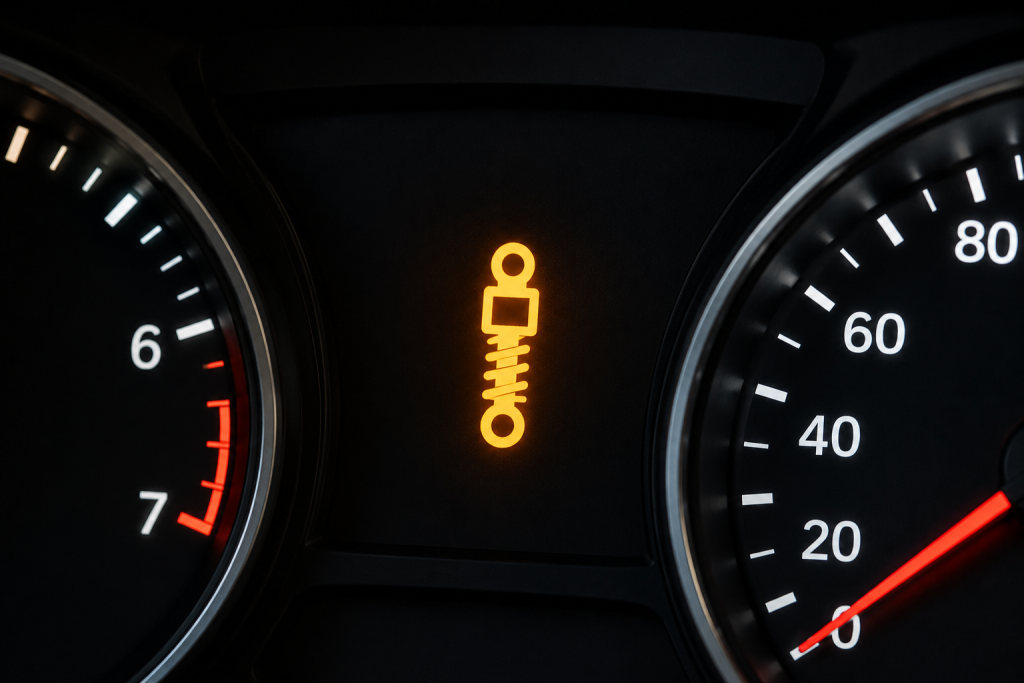 Air suspension warning light illuminated on luxury vehicle dashboard indicating suspension system fault