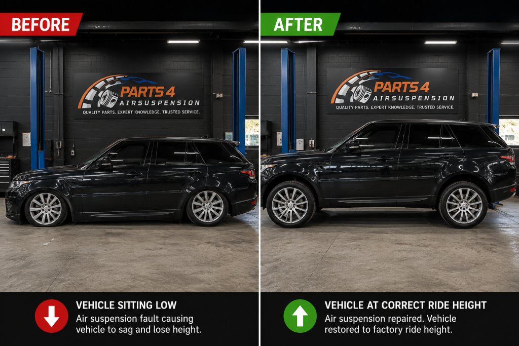 Before and after air suspension repair on black Range Rover showing vehicle sitting low and restored to correct ride height