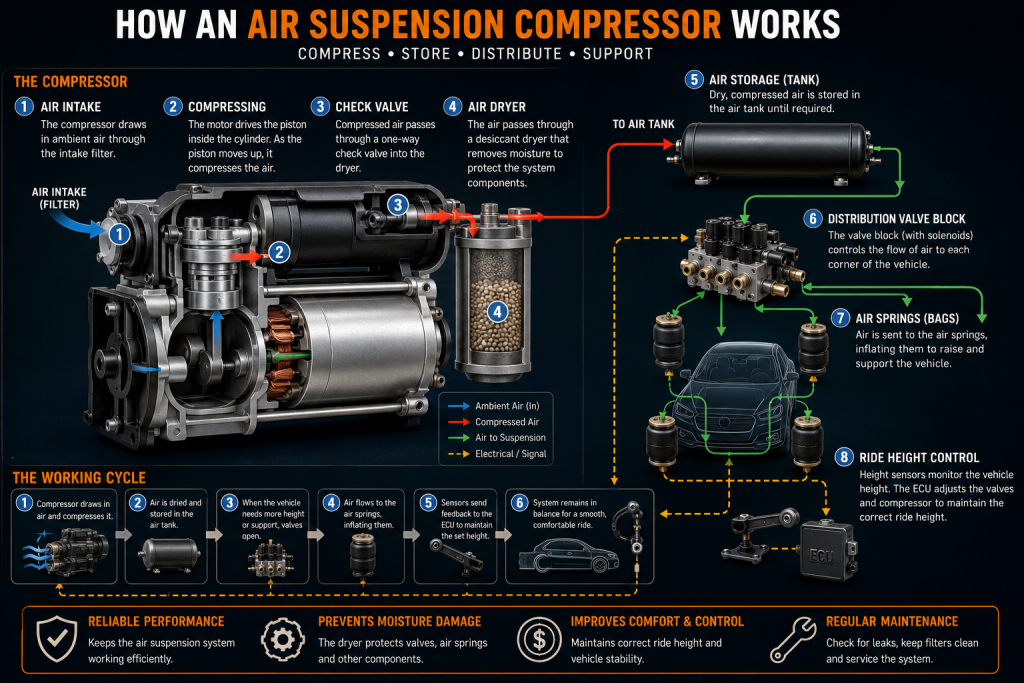 Air suspension compressor maintenance tips infographic showing ways to prevent compressor failure in luxury vehicles