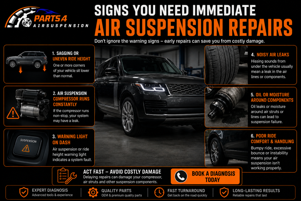 Signs you need immediate air suspension repairs on a luxury SUV including compressor faults and suspension warning lights
