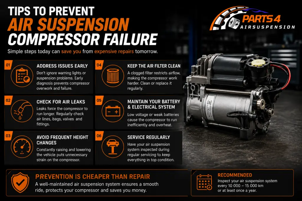 Air suspension compressor maintenance tips infographic showing ways to prevent compressor failure in luxury vehicles