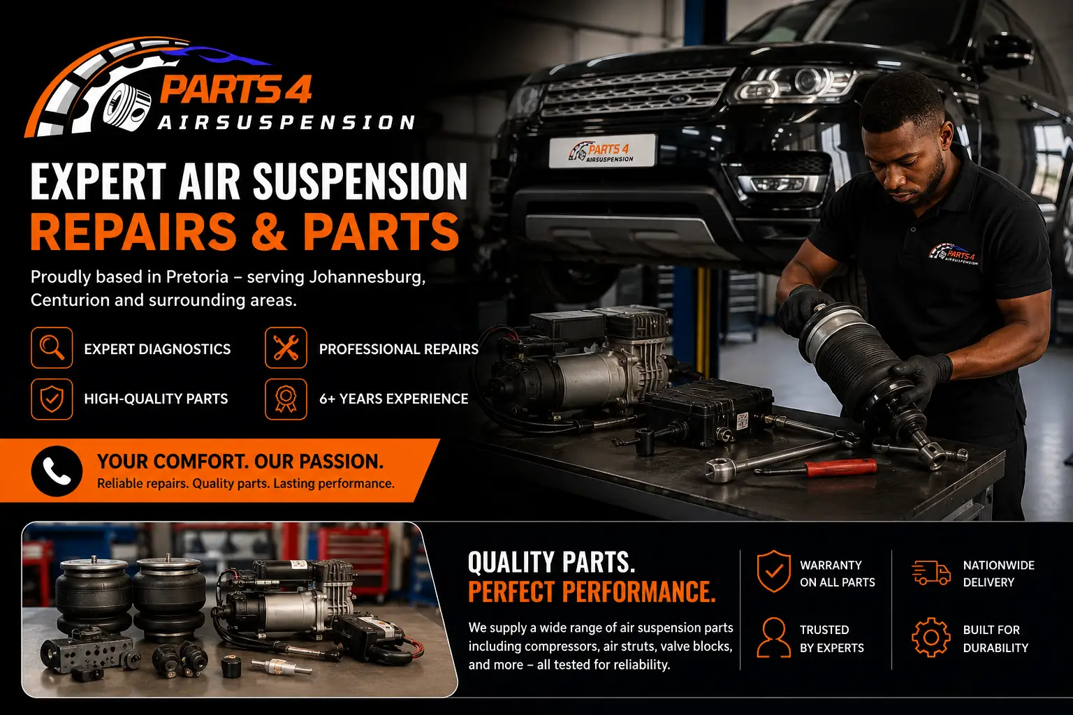 Air suspension parts and repair components in Pretoria workshop for vehicle suspension system repair