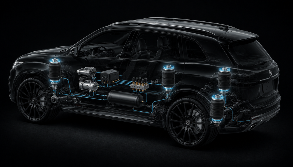 Air suspension system inside SUV showing air springs, compressor and valve block for air suspension repairs Pretoria