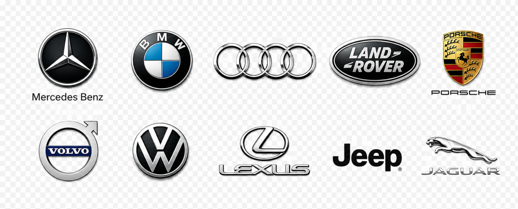 Air suspension vehicle brands including Mercedes-Benz, BMW, Audi, Land Rover, Porsche, Volvo, Volkswagen, Lexus, Jeep and Jaguar
